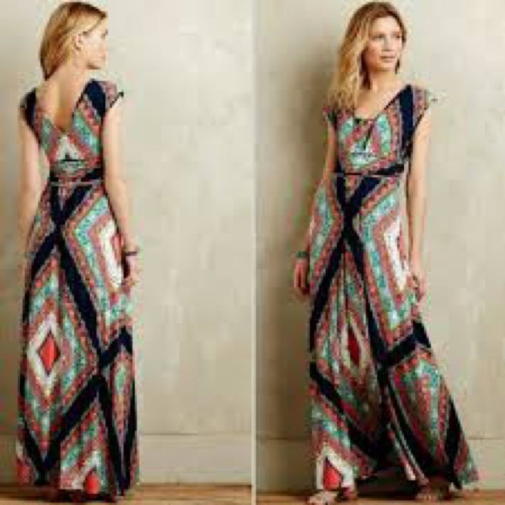 Anthropologie Navy, Coral, Mint & Cream Geometric Cap-Sleeve Maxi Dress